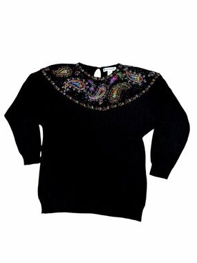 VTG Victoria Harbour Beaded Paisley Sweater Black Ramie Cotton Size M